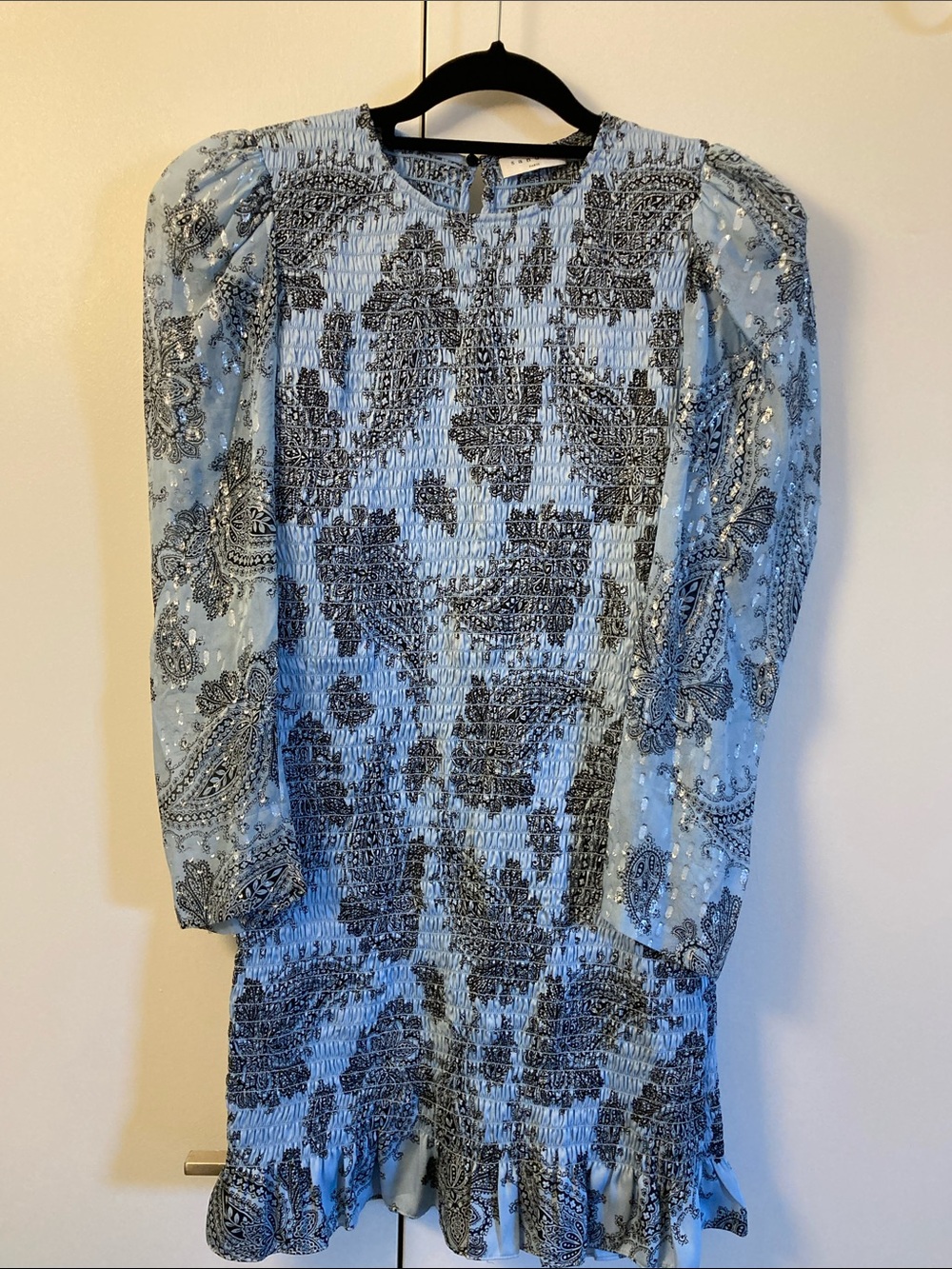 NWOT Sandro Blue Paisley Smocked Mini Bodycon Long Sleeve Dress, size 36